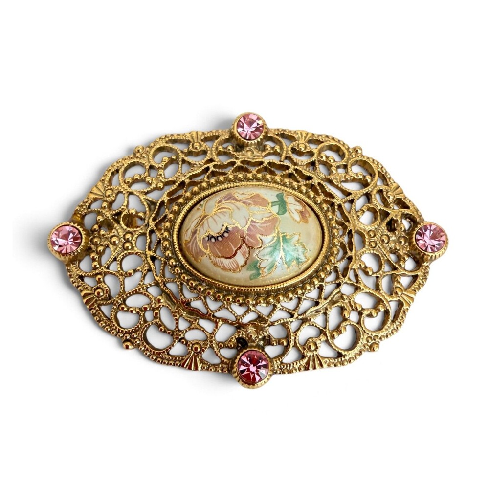 Vintage 1970s Gold Tone Filigree Oval Brooch Pin Floral Transfer Cabochon Pink R